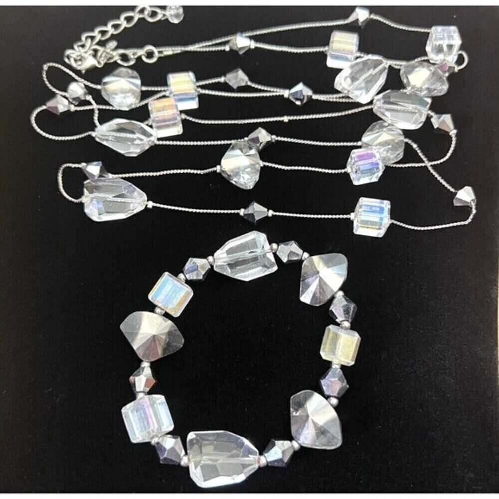 PREMIER DESIGNS Long Silver Tone Ice Crystal Bead Necklace and Bracelet 48" + 3"